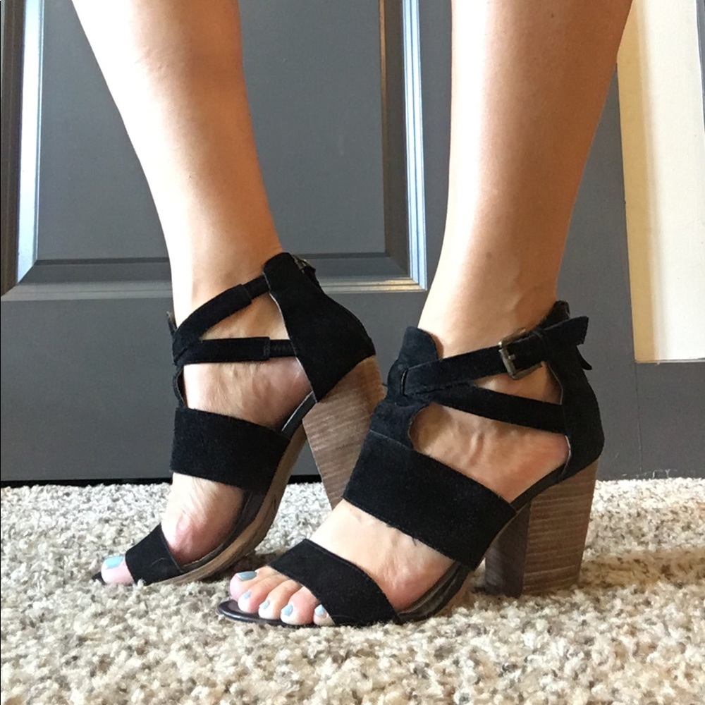 Black suede block heels